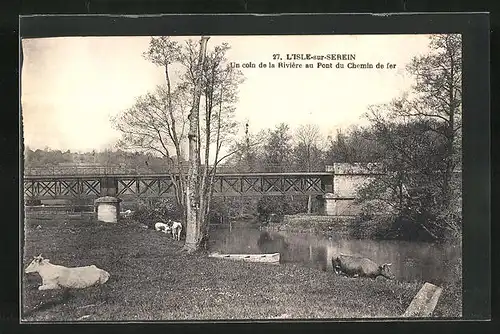 AK L`Isle-sur-Serein, Un Coin de la Riviere au Pont du Chemin de fer