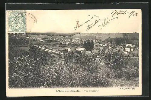 AK L`Isle-sur-Serein, Vue generale, Blick über die Baumgipfel auf die Ortschaft