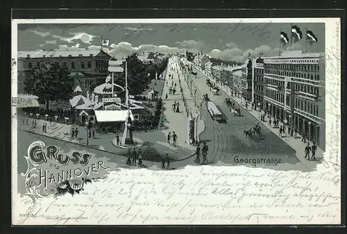 Lithographie Hannover, Strassenbahnen in der Georgstrasse, das Cafe Kröpcke