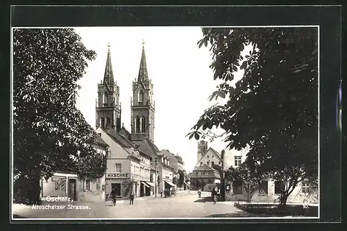 AK Oschatz, Blick von der Altoschatzer Strasse zur Kirche