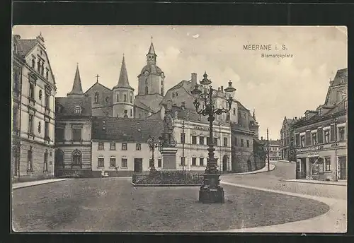 AK Meerane i. S., auf dem Bismarckplatz mit dem Denkmal