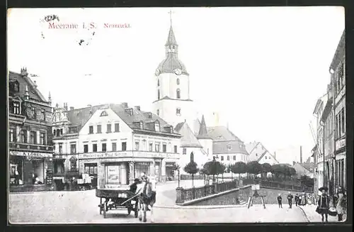 AK Meerane i. S., Pferdekutsche auf dem Neumarkt, Blick zur Kirche