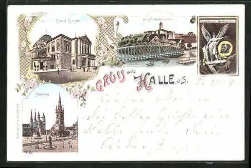 Lithographie Halle Saale, Burg Giebichenstein, Stadttheater, Rother Turm auf dem Marktplatz