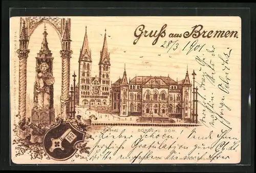 Lithographie Bremen, Blick auf Börse und Dom, das Stadtwappen