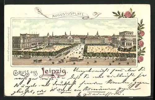 Lithographie Leipzig, Strassenbahnen vor dem Augustusplatz