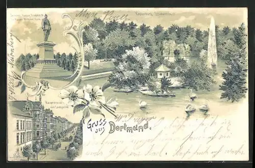 Lithographie Dortmund, Kronenburg, Schwanenteich, Denkmal Kaiser Friedrich III., Kaiserstrasse mit Landgericht