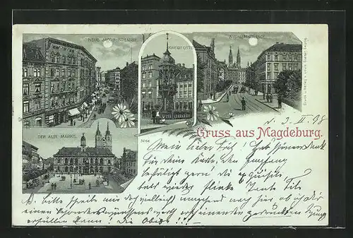 Mondschein-Lithographie Magdeburg, die Neue Jacob-Strasse, die Wilhelmstrasse, am Denkmal kaiser Otto, der alte Markt