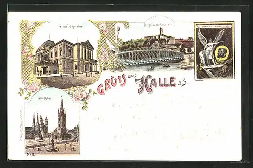 Lithographie Halle Saale, die Burg Giebichenstein, das Stadttheater, der Marktplatz