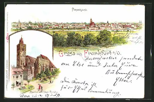 Lithographie Frankfurt Oder, Panorama der Stadt, Marien oder Oberkirche