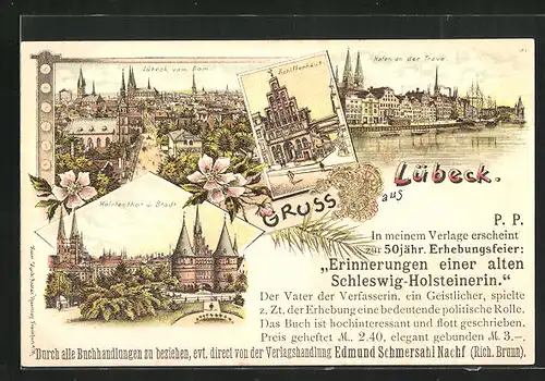 Lithographie Lübeck, Hafen an der Trave, am Schifferhaus, Stadtansicht mit dem Dom, Holstentor und Stadt