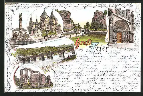 Lithographie Trier, Moselbrücke mit Mariensäule, Portal der Liebfrauenkirche, Brunnen auf dem Kornmarkt, Kaiserpalast