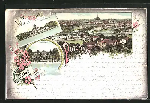 Lithographie Potsdam, Generalansicht, der Marmor-Palais, Schloss Sanssouci