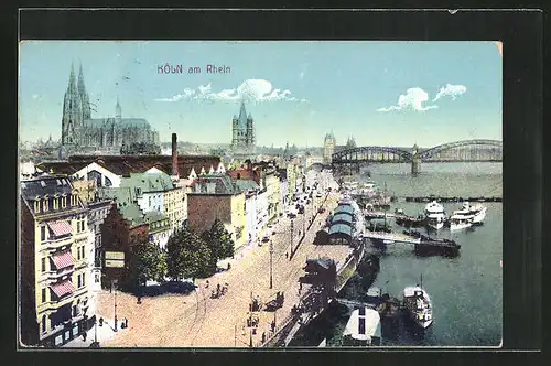 AK Köln am Rhein, Uferpromenade mit Blick zum Dom und zur Rheinbrücke