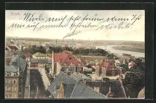 AK Riesa, Blick über die Dächer der Stadt zur Elbe
