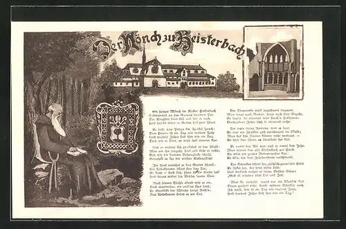 Künstler-AK Heisterbach, der Mönch, das Kloster, das Wappen