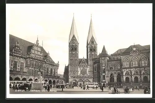 AK Bremen, Strassenbahn vor Rathaus, Dom und Börse