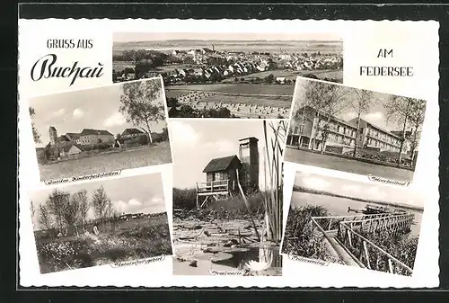 AK Buchau am Federsee, Generalansicht, am Federseesteg, an der Vogelwarte, die Caritas Kinderheilstätten