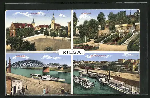 AK Riesa a.d. Elbe, Rathaus, im Stadtpark, Schiffe am Landungsplatz, die Elbbrücke