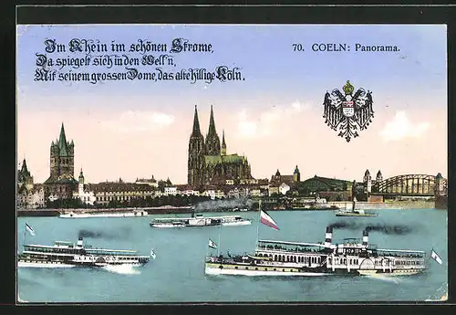AK Köln am Rhein, Stadtpanorama, Ausflugsdampfer auf dem Fluss mit Domblick