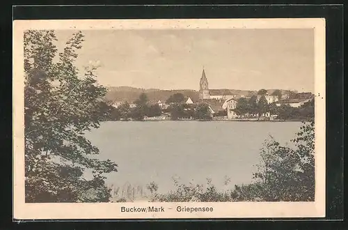 AK Buckow Mark, Blick vom Griepensee zur Kirche in der Stadt