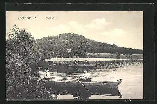 AK Kirchberg i. S., Kinder mit Ruderboot auf dem Pohlteich