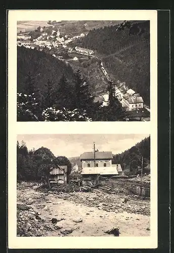 AK Bad Gottleuba, an der Bärmühle, Ansicht vor und nach dem Unwetter am 8. /9. Juli 1927