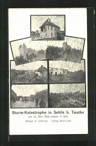 AK Sehlis, Schäden der Sturmkatastrophe vom 12. Mai 1912, Platzpartie, Kirche und Wohnhäuser