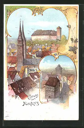 Künstler-AK Nürnberg, Blick über die Stadt zum Schloss