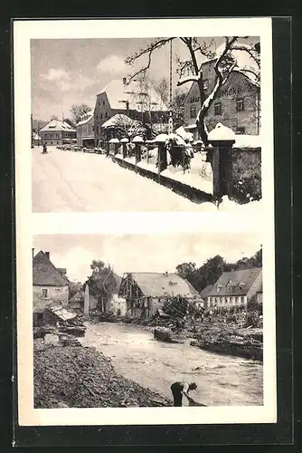AK Bad Berggiesshübel, auf der Hauptstrasse vor und nach der Katastrophe am 8. /9. Juli 1927, Unwetter