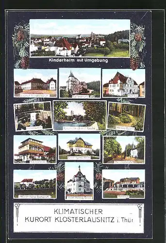 AK Klosterlausnitz i. Thür., Klosterteich mit Kirche, Gasthof Friedrichshof, Kinderheim mit Umgebung