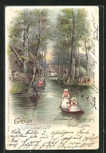 Lithographie Lehde im Spreewald, Frauen in Trachten auf einer Gondelfahrt