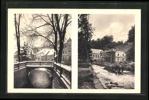 AK Bad Berggiesshübel, Partie am Badehotel, die kleine Brücke vor und nach dem Unwetter 8. /9. Juli 1927