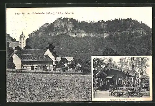 AK Pabstdorf, Blick zur kirche am Pabststein, im Restaurant