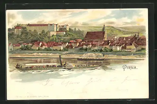 Lithographie Pirna, Ausflugsdampfer auf der Elbe mit Blick zum Schloss
