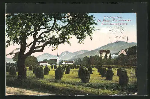 AK Brannenburg, Panorama mit Schloss, Erholungsheim des Bayer. Postverbandes