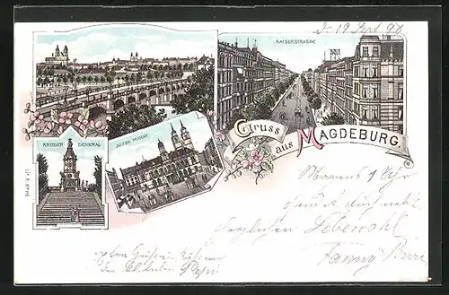 Lithographie Magdeburg, Kaiserstrasse aus der Vogelschau, Alter Markt, Brücke mit Ortsansicht
