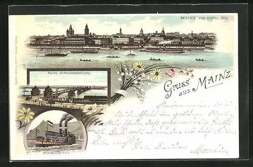 Lithographie Mainz, Neue Strassenbrücke aus der Vogelschau, Rheindampfer, Totalansicht