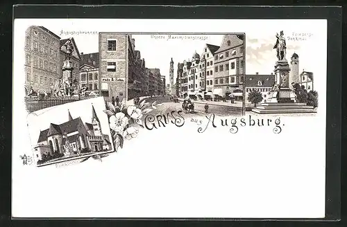 Lithographie Augsburg, Untere Maximilianstrasse mit Pferdekutsche, Augustusbrunnen, Friedens-Denkmal