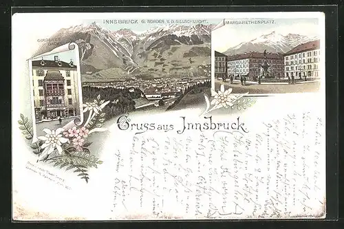 Lithographie Innsbruck, Gesamtansicht, Haus Goldenes Dachl, auf dem Margarethenplatz