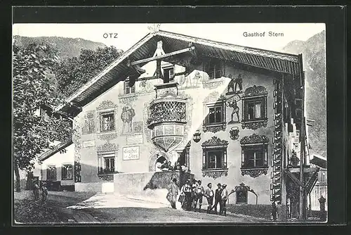AK Ötz, Wanderer vor dem Gasthaus zum Stern