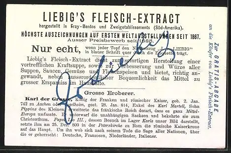 Sammelbild Liebig, Serie: Grosse Eroberer, Karls des Grossen, Zusammentreffen mit Pabst Leo III im Feldlager 799 n. Chr.