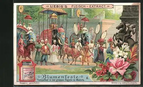 Sammelbild Liebig, Serie: Blumenfeste, Bild 4, Tempelfest in der grossen Pagode zu Madura