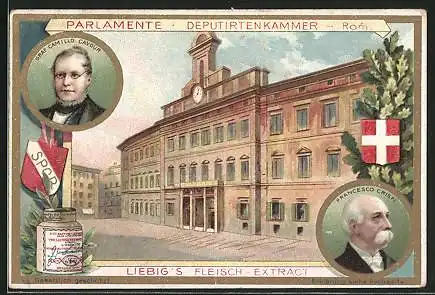 Sammelbild Liebig, Serie: Parlamente, Deputirtenkammer in Rom, Portraits Camillo Cavour & Crispi