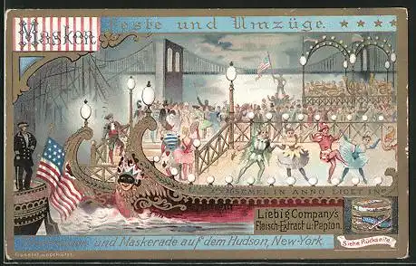 Sammelbild Liebig, Serie: Maskenfeste und Umzüge, Illumination und Maskerade auf dem Hudson in New York