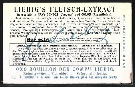 Sammelbild Liebig, Serie: Zur Geschichte der Dampfmaschine, Bild 1, Heron's Versuche mit Dampf, 120 v. Chr.