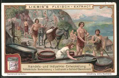 Sammelbild Liebig, Serie: Handels- und Industrie-Entwicklung, Bild 2, Prähistorische Niederlassung u. Salzhandlung