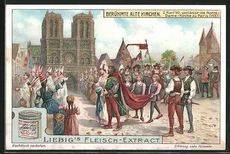Sammelbild Liebig, Serie: Berühmte Alte Kirchen, Bild 3, Karl VII. verlässt Notre-Dame-Kirche zu Paris 1437