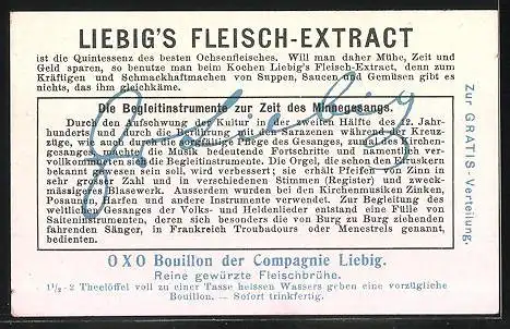 Sammelbild Liebig, Serie: Entwicklung der Musikinstrumente, Bild 4, Begleitinstrument z. Zt. des Minnegesangs