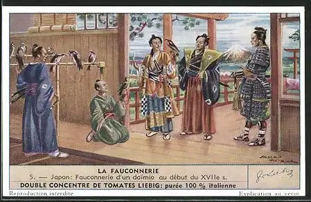 Sammelbild Liebig, Serie: La Fauconnerie, No. 5, Japon, Fauconnerie d'un daimo au début du XVII.