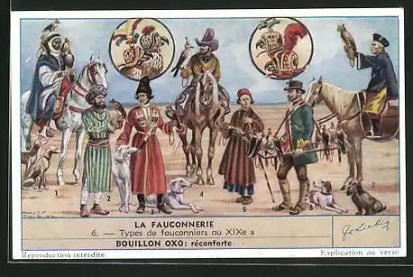 Sammelbild Liebig, Serie: La Fauconnerie, No. 6, Types de fauconniers au XIX.